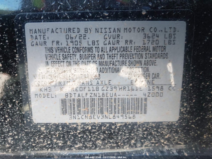 2022 Nissan Versa 1.6 Sv Xtronic Cvt VIN: 3N1CN8EV3NL849568 Lot: 44613145