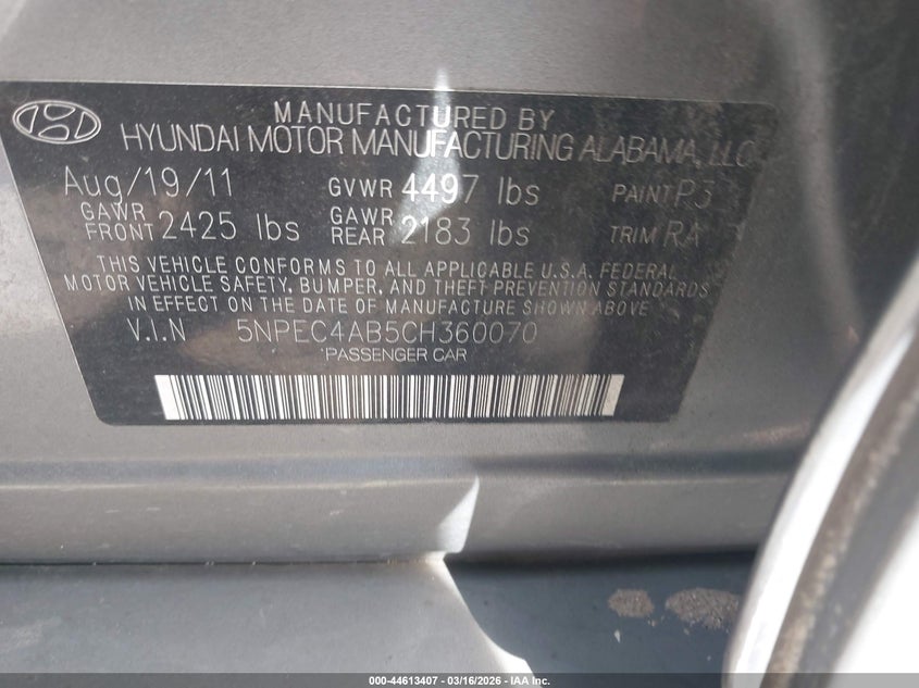 2012 Hyundai Sonata 2.0 Se 2.0T grey Lot 111044613407 Vin 5NPEC4AB5CH360070