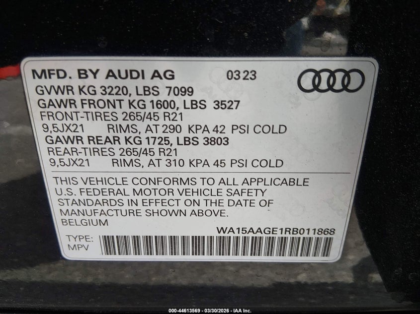 2024 Audi Q8 E-Tron Premium Plus Quattro VIN: WA15AAGE1RB011868 Lot: 44613569
