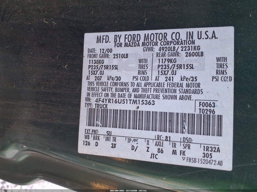 2001 Mazda B3000 Ds/Se VIN: 4F4YR16U51TM15363 Lot: 44613583