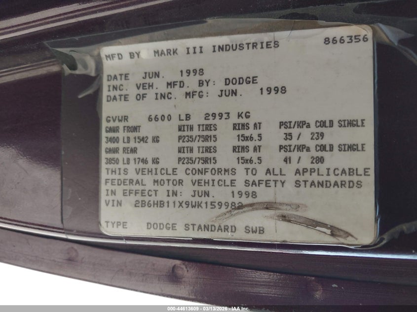 1998 Dodge Ram Van 1500 VIN: 2B6HB11X9WK159982 Lot: 44613609
