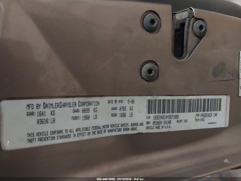 2000 Dodge Neon Highline VIN: 1B3ES46C4YD871899 Lot: 44613699