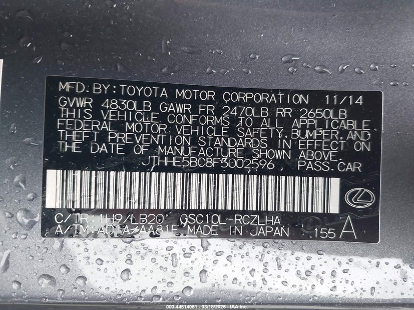 2015 Lexus Rc 350 VIN: JTHHE5BC8F5002596 Lot: 44614061