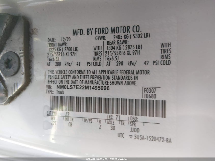 VIN NM0LS7E22M1495096 2021 FORD TRANSIT CONNECT XL