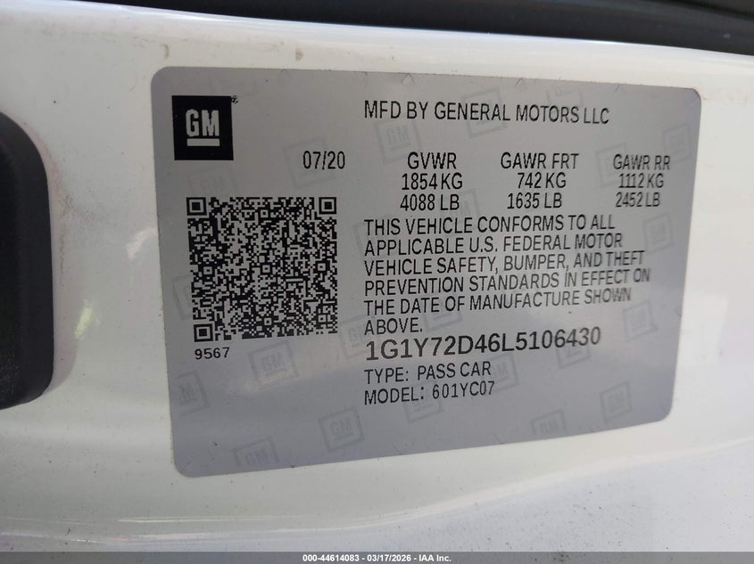 2020 Chevrolet Corvette Stingray Rwd 2Lt VIN: 1G1Y72D46L5106430 Lot: 44614083