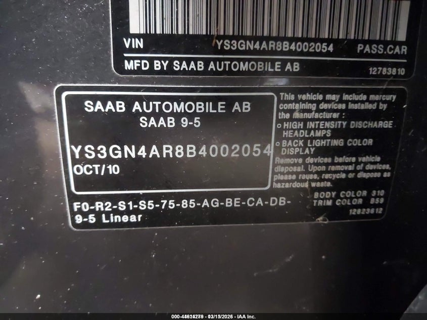 2011 SAAB 9-5 SEDAN 2.0L I-4 DI, DOHC, VVT, TURBO, 220HP