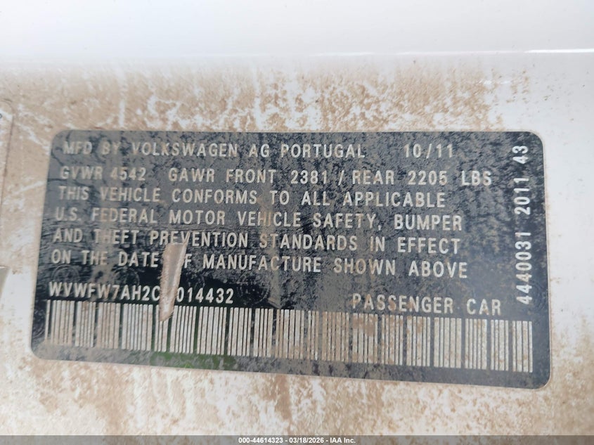 2012 Volkswagen Eos Executive VIN: WVWFW7AH2CV014432 Lot: 44614323