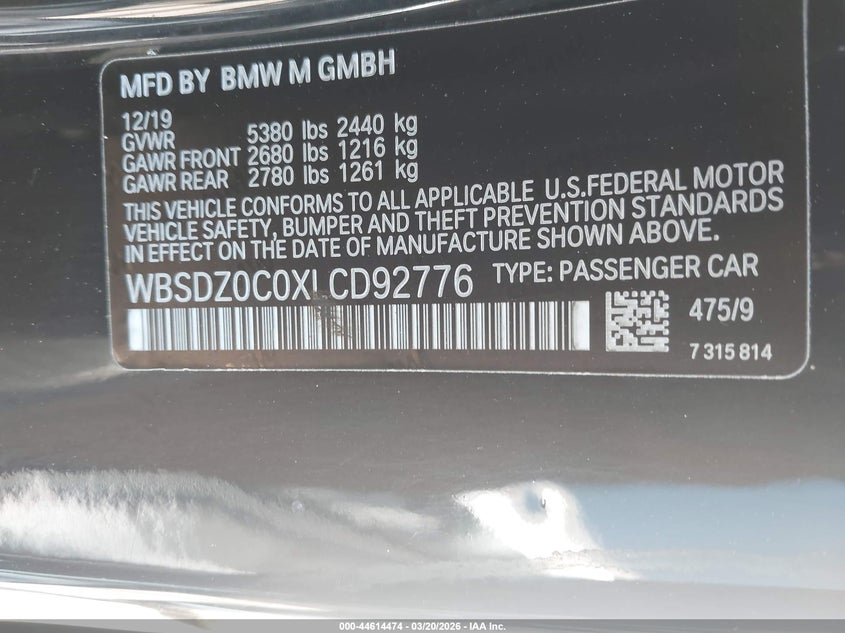 2020 BMW M8 VIN: WBSDZ0C0XLCD92776 Lot: 44614474