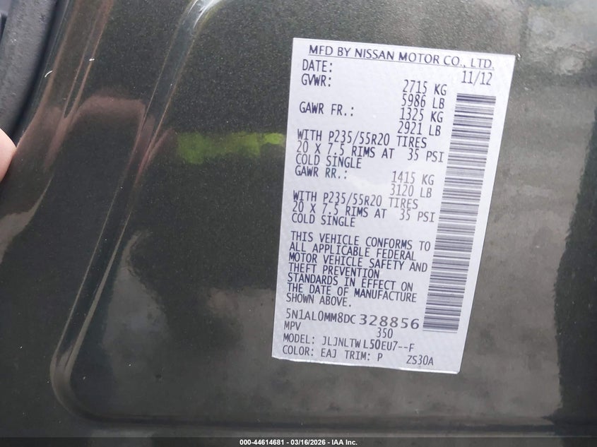 2013 Infiniti Jx35 VIN: 5N1AL0MM8DC328856 Lot: 44614681