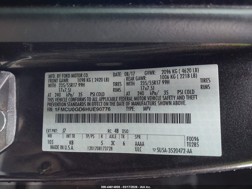 VIN 1FMCU0GD6HUE90776 2017 FORD ESCAPE SE
