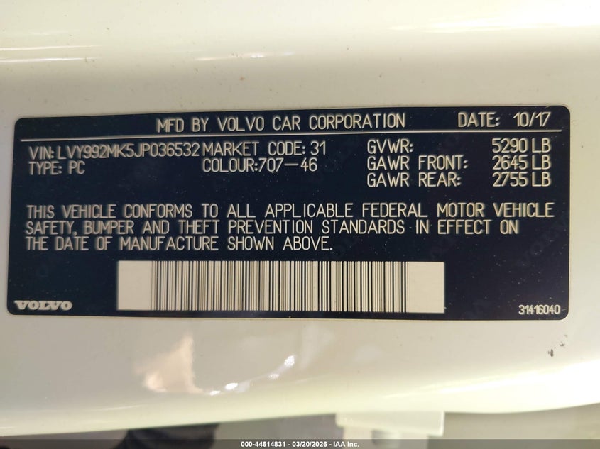 2018 Volvo S90 T6 Momentum VIN: LVY992MK5JP036532 Lot: 44614831