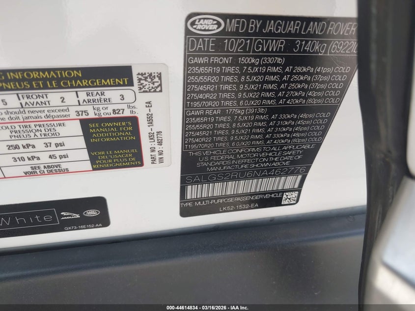 2022 Land Rover Range Rover Westminster VIN: SALGS2RU6NA462776 Lot: 44614834