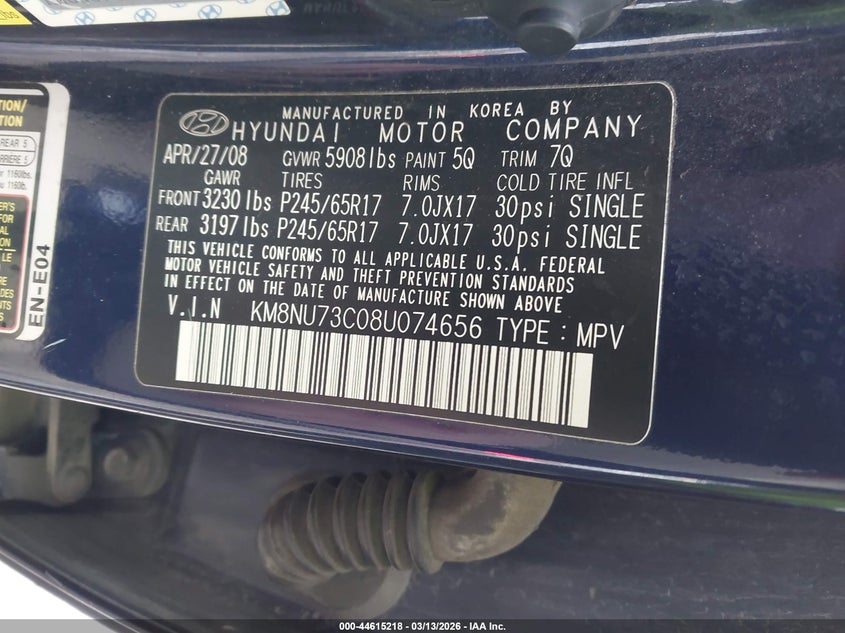 2008 Hyundai Veracruz Gls/Limited/Se VIN: KM8NU73C08U074656 Lot: 44615218