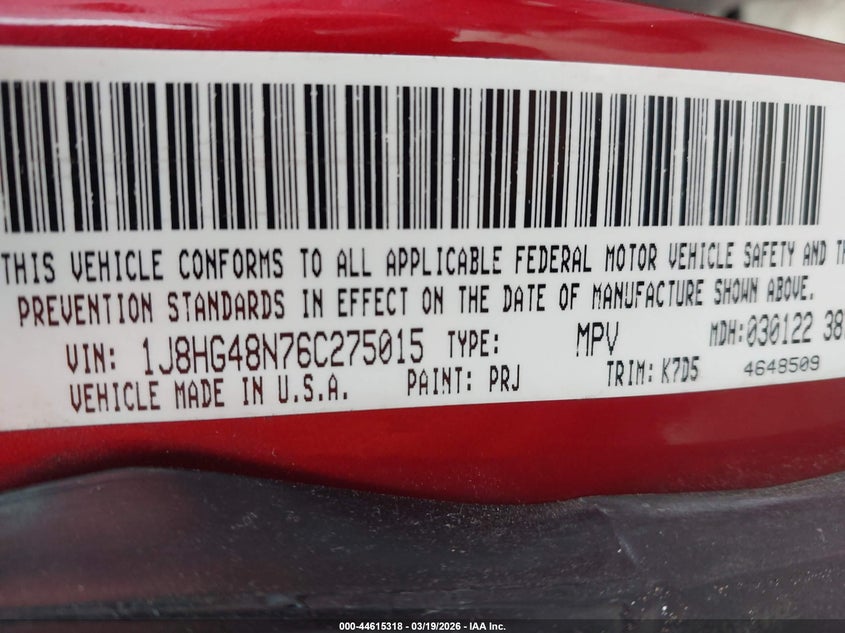 2006 Jeep Commander VIN: 1J8HG48N76C275015 Lot: 44615318