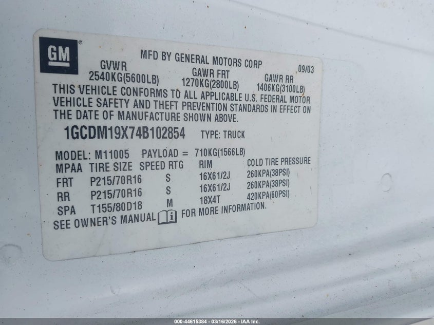 2004 Chevrolet Astro VIN: 1GCDM19X74B102854 Lot: 44615384