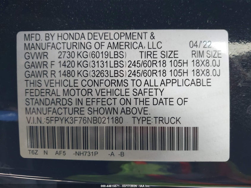 2022 Honda Ridgeline Rtl-E VIN: 5FPYK3F76NB021180 Lot: 44615571