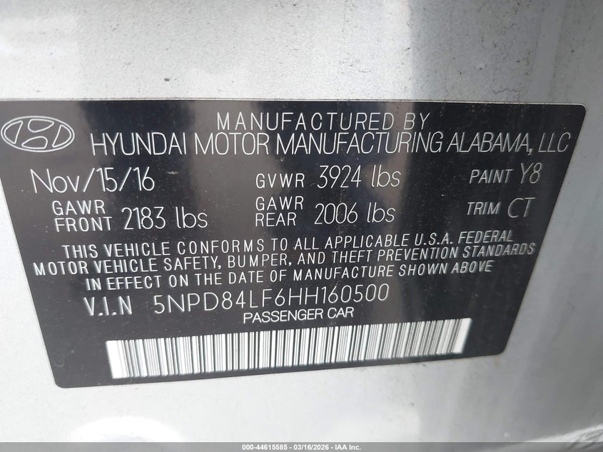 VIN 5NPD84LF6HH160500 2017 HYUNDAI ELANTRA VALUE EDITION
