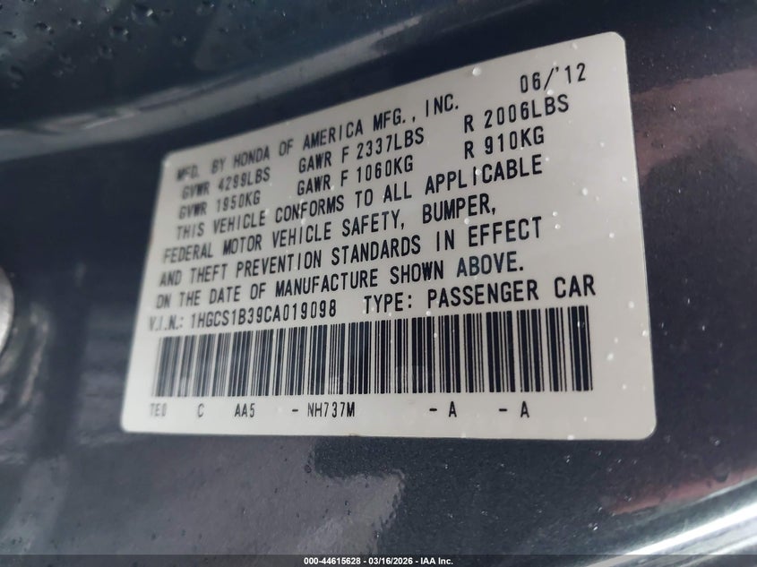 2012 Honda Accord 2.4 2.4 Lx-S grey Lot 111044615628 Vin 1HGCS1B39CA019098
