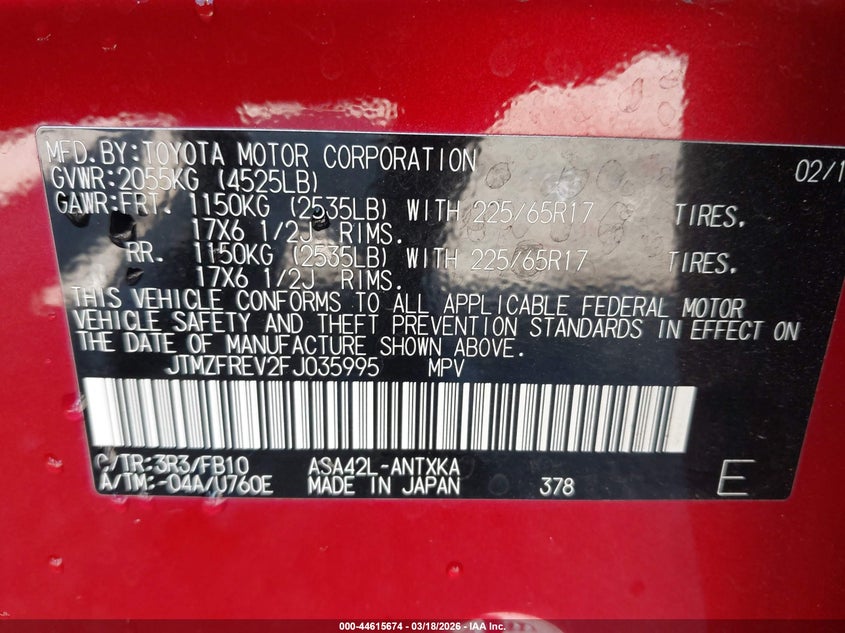 TOYOTA RAV4 2015 VIN JTMZFREV2FJ035995
