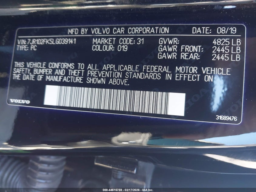 2020 Volvo S60 T5 Momentum VIN: 7JR102FK5LG039141 Lot: 44615759