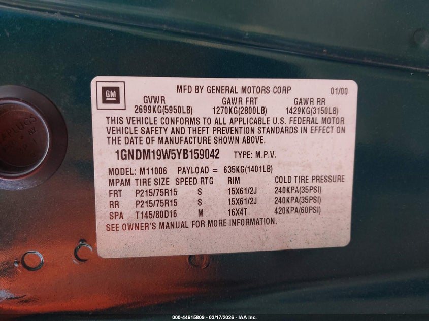 2000 Chevrolet Astro VIN: 1GNDM19W5YB159042 Lot: 44615809