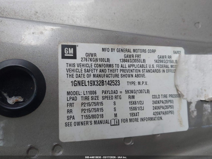 2002 Chevrolet Astro Ls VIN: 1GNEL19X32B142523 Lot: 44615830