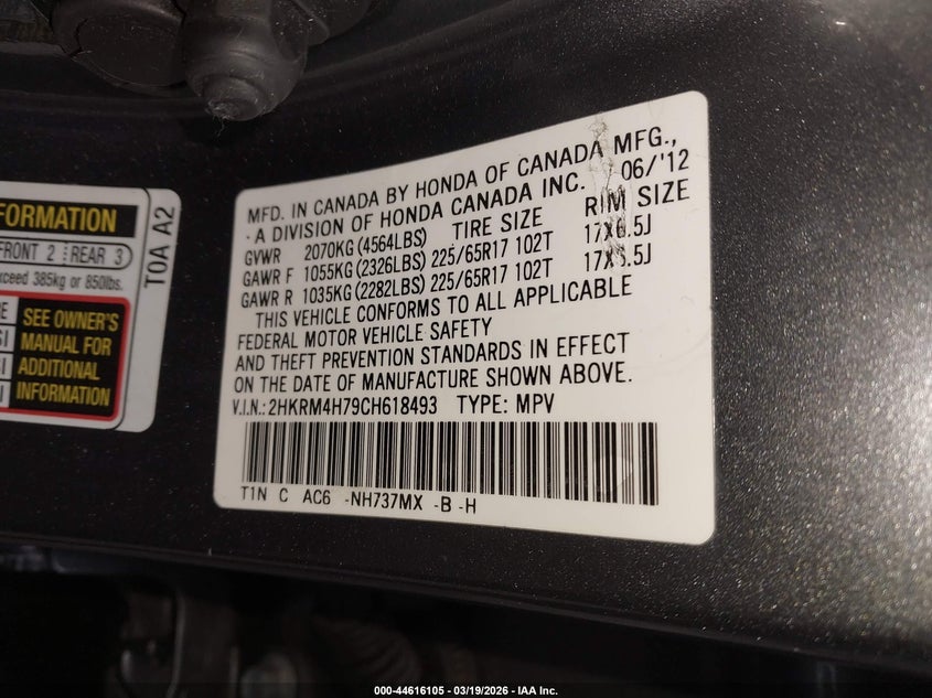 2012 Honda Cr-v 2.4 Cr-V Ex-L grey Lot 111044616105 Vin 2HKRM4H79CH618493