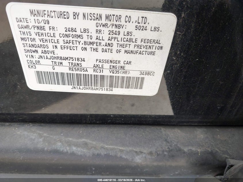 2010 Infiniti Ex35 Journey VIN: JN1AJ0HR8AM751834 Lot: 44616116