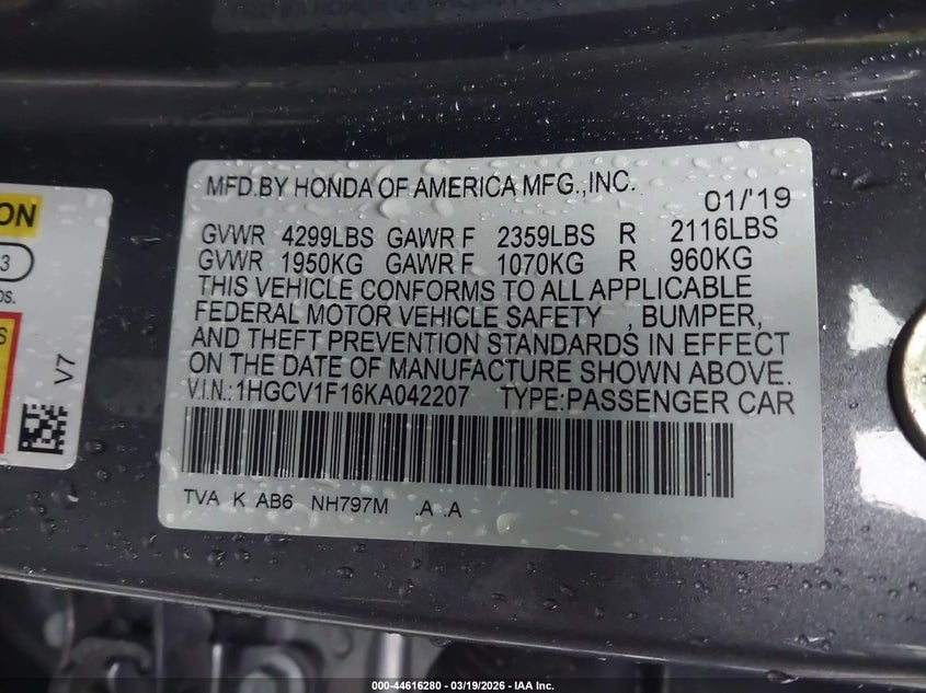 VIN 1HGCV1F16KA042207 2019 HONDA ACCORD LX