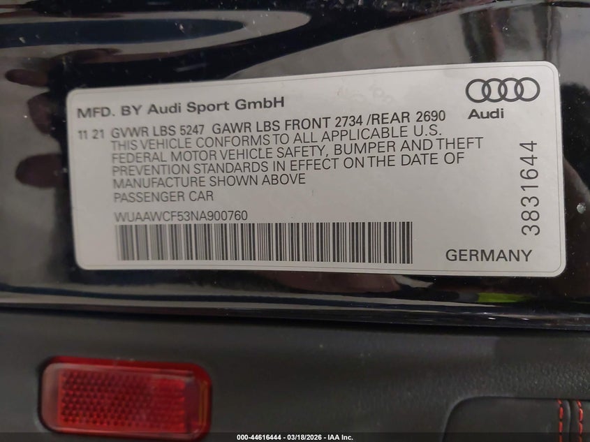 2022 Audi Rs 5 Sportback Tfsi Quattro Tiptronic VIN: WUAAWCF53NA900760 Lot: 44616444