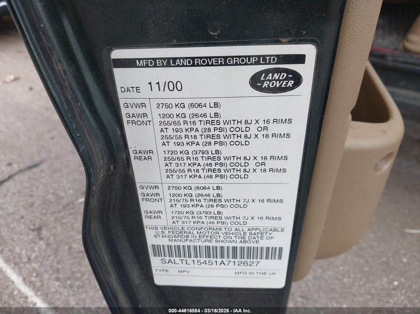 2001 Land Rover Discovery Series Ii VIN: SALTL15451A712627 Lot: 44616584