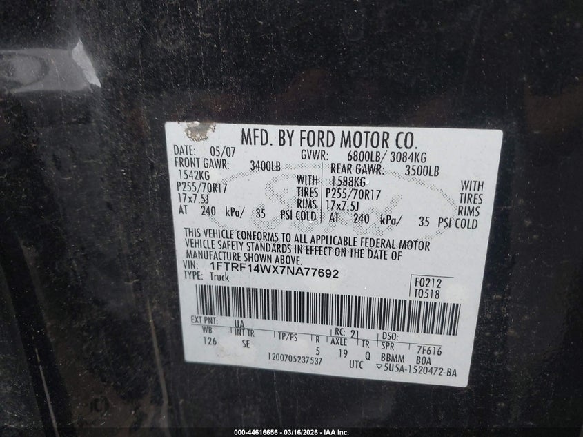 FORD F-150 2007 VIN 1FTRF14WX7NA77692