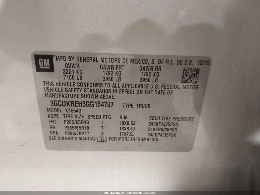 2016 Chevrolet Silverado 1500 1Lt VIN: 3GCUKREH3GG164797 Lot: 44616752