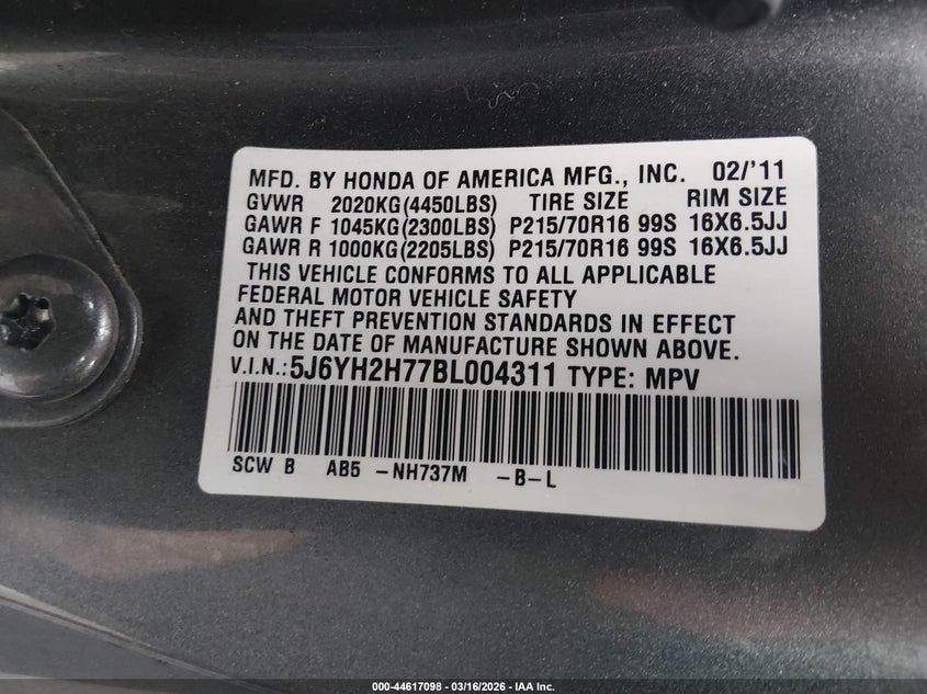 2011 Honda Element Ex VIN: 5J6YH2H77BL004311 Lot: 44617098