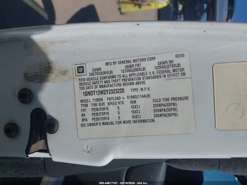 2000 Chevrolet Blazer Ls VIN: 1GNDT13W2Y2323228 Lot: 44617187