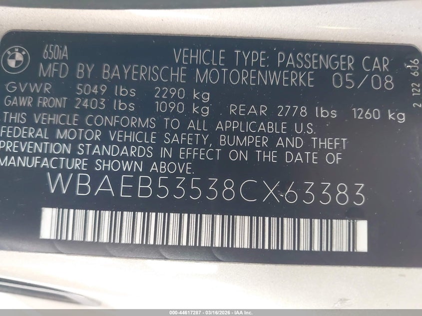 2008 BMW 650I VIN: WBAEB53538CX63383 Lot: 44617287