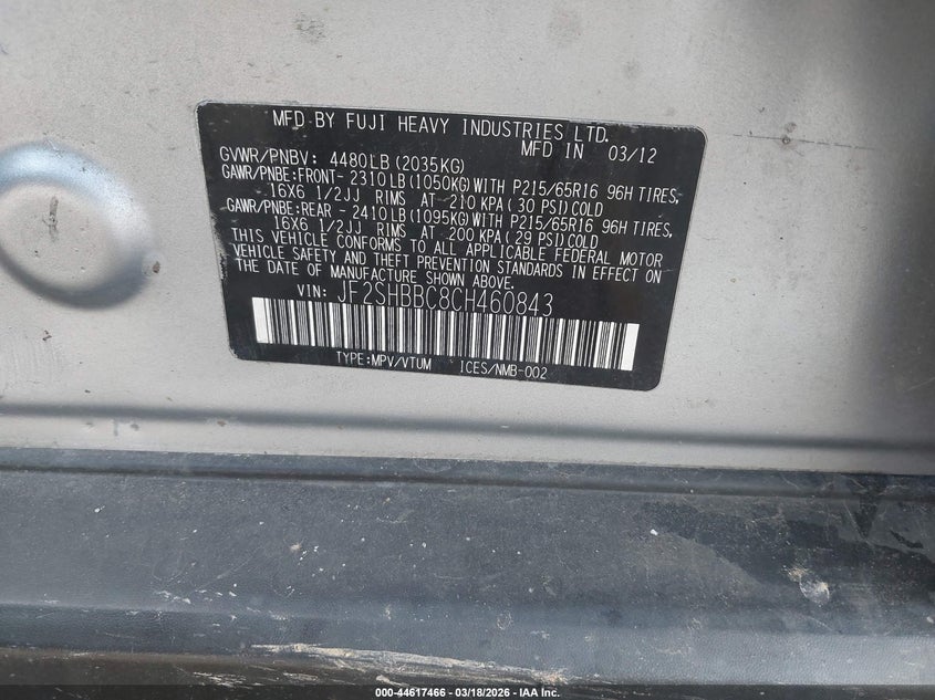 2012 Subaru Forester 2.5 2.5X silver Lot 111044617466 Vin JF2SHBBC8CH460843