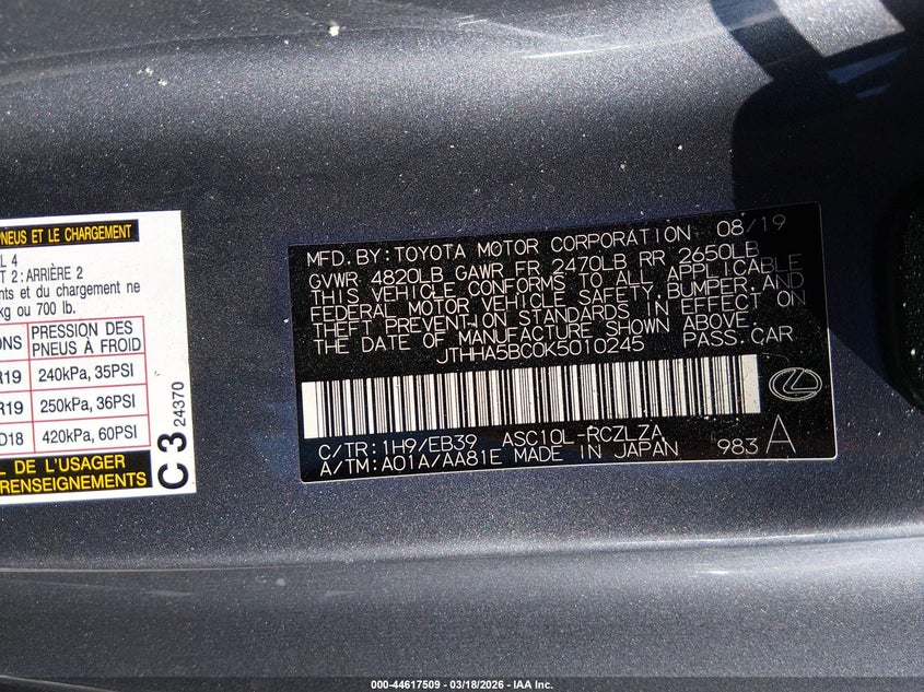 2019 Lexus Rc 300 F Sport VIN: JTHHA5BC0K5010245 Lot: 44617509