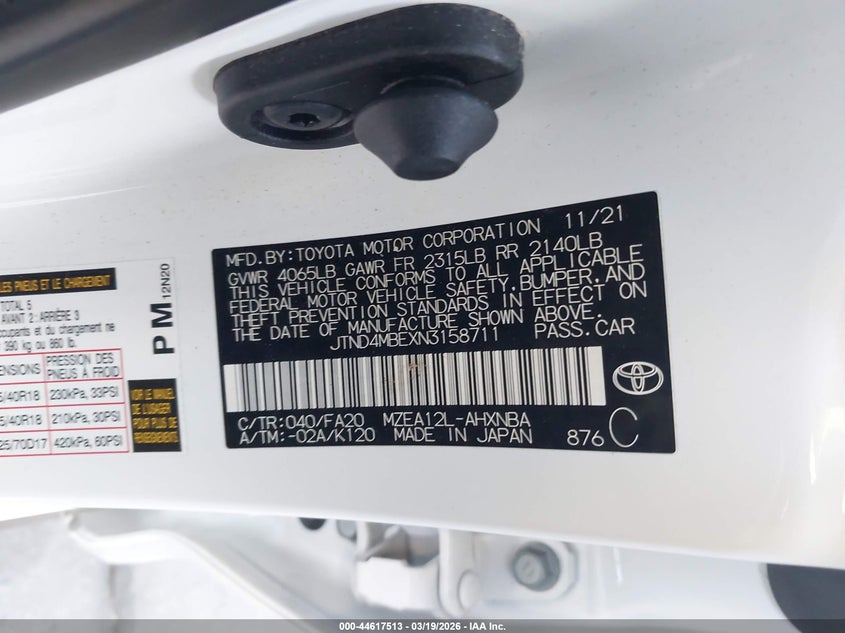 2022 TOYOTA COROLLA 2.0L I-4 DI, DOHC, V(VIN: JTND4MBEXN3158711