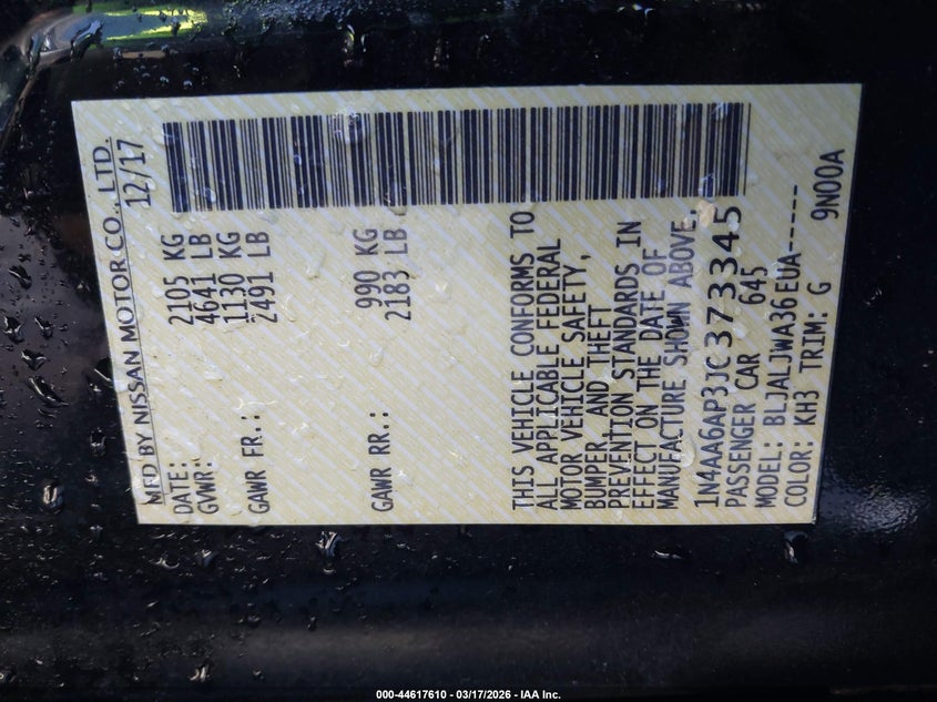 2018 Nissan Maxima 3.5 Sv VIN: 1N4AA6AP3JC373345 Lot: 44617610