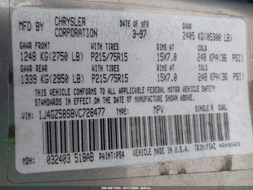 1997 Jeep Grand Cherokee Laredo/Tsi VIN: 1J4GZ58S8VC728477 Lot: 44617683