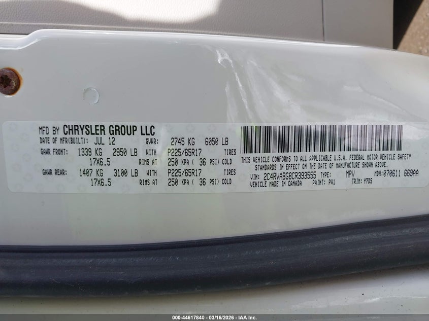 2012 Volkswagen Routan Se VIN: 2C4RVABG8CR393555 Lot: 44617840