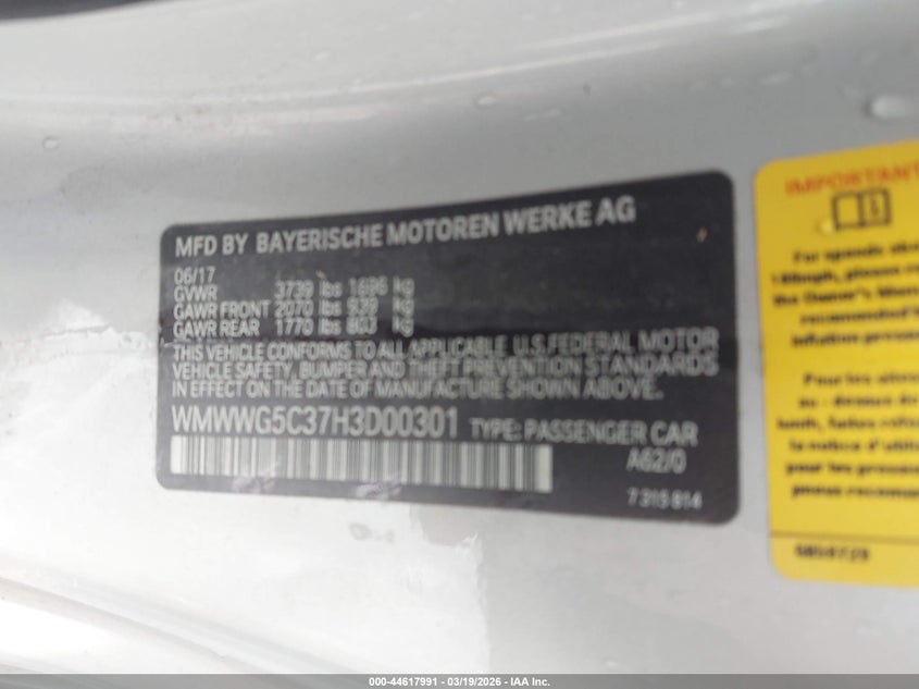 2017 Mini Convertible Cooper VIN: WMWWG5C37H3D00301 Lot: 44617991