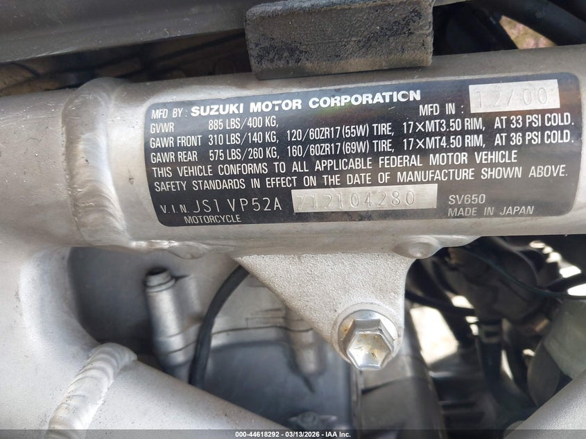 2001 Suzuki Sv650 S VIN: JS1VP52A712104280 Lot: 44618292