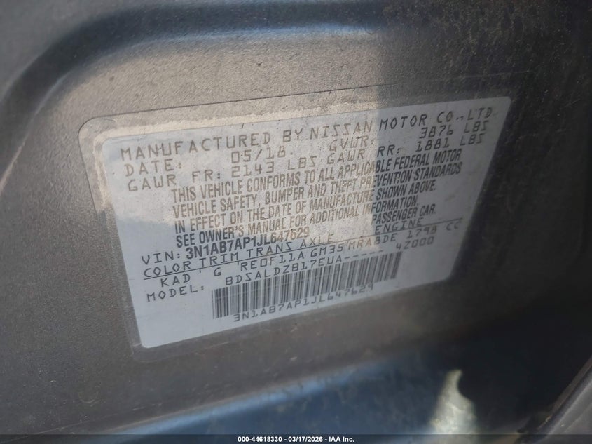 2018 Nissan Sentra 1.8 Sv grey Lot 111044618330 Vin 3N1AB7AP1JL647629