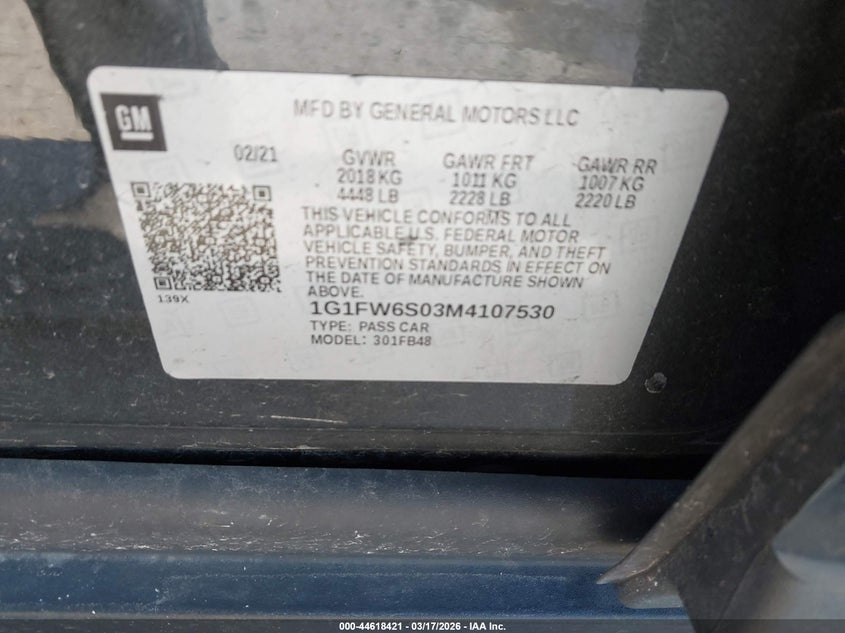2021 Chevrolet Bolt Ev Fwd Lt VIN: 1G1FW6S03M4107530 Lot: 44618421