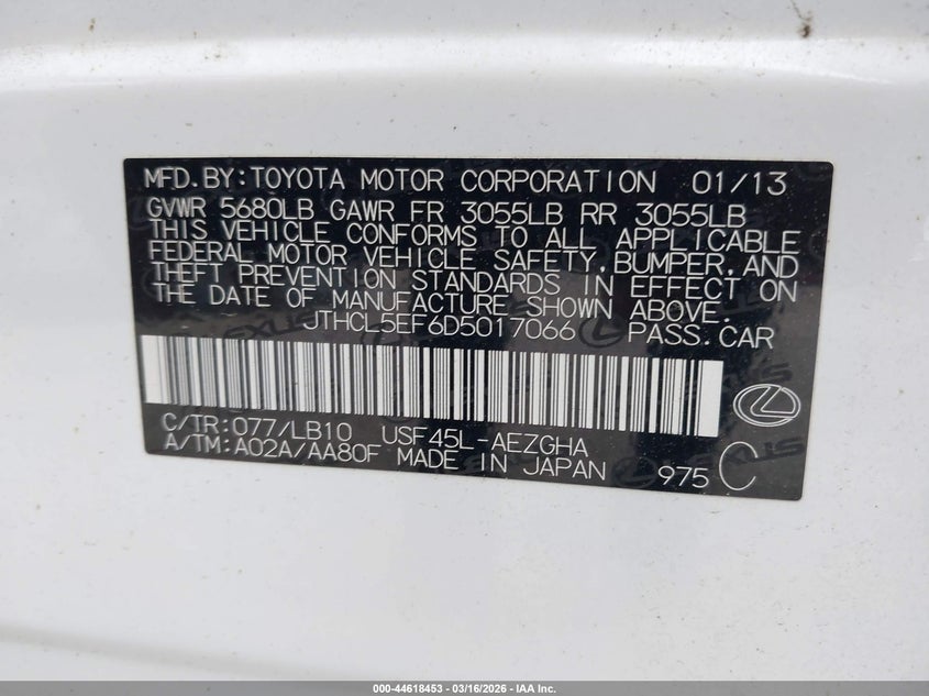 2013 Lexus Ls 460 VIN: JTHCL5EF6D5017066 Lot: 44618453