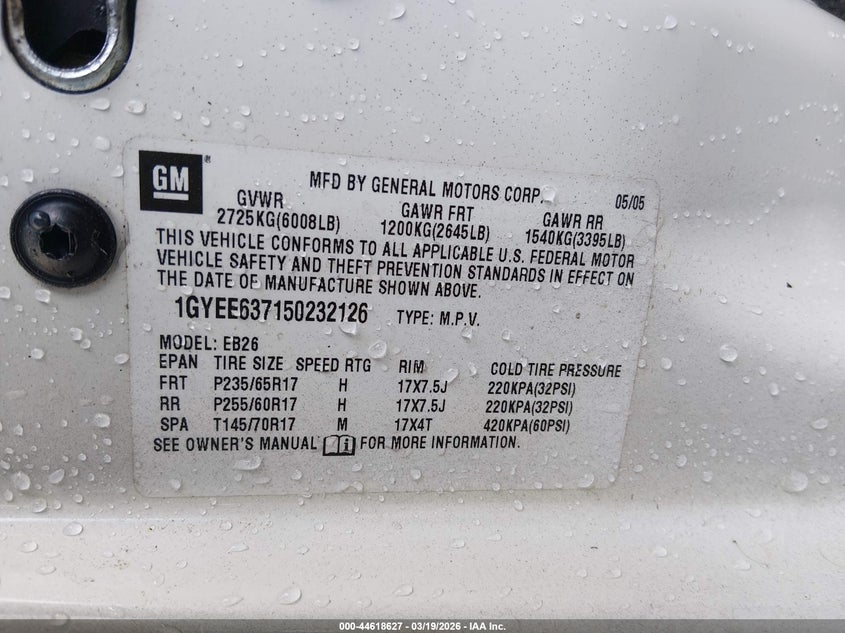 2005 Cadillac Srx V6 VIN: 1GYEE637150232126 Lot: 44618627