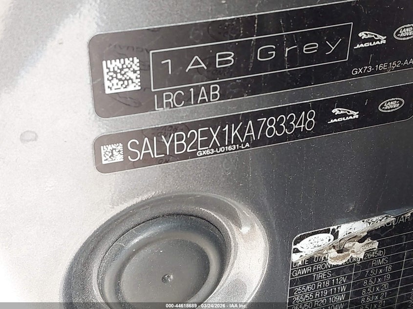 2019 Land Rover Range Rover Velar P250 S VIN: SALYB2EX1KA783348 Lot: 44618689