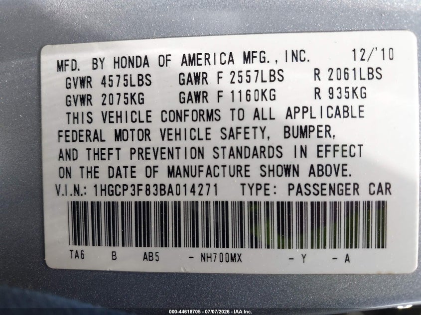 2011 HONDA ACCORD SEDAN 3.5L V-6 VVT, 271HP